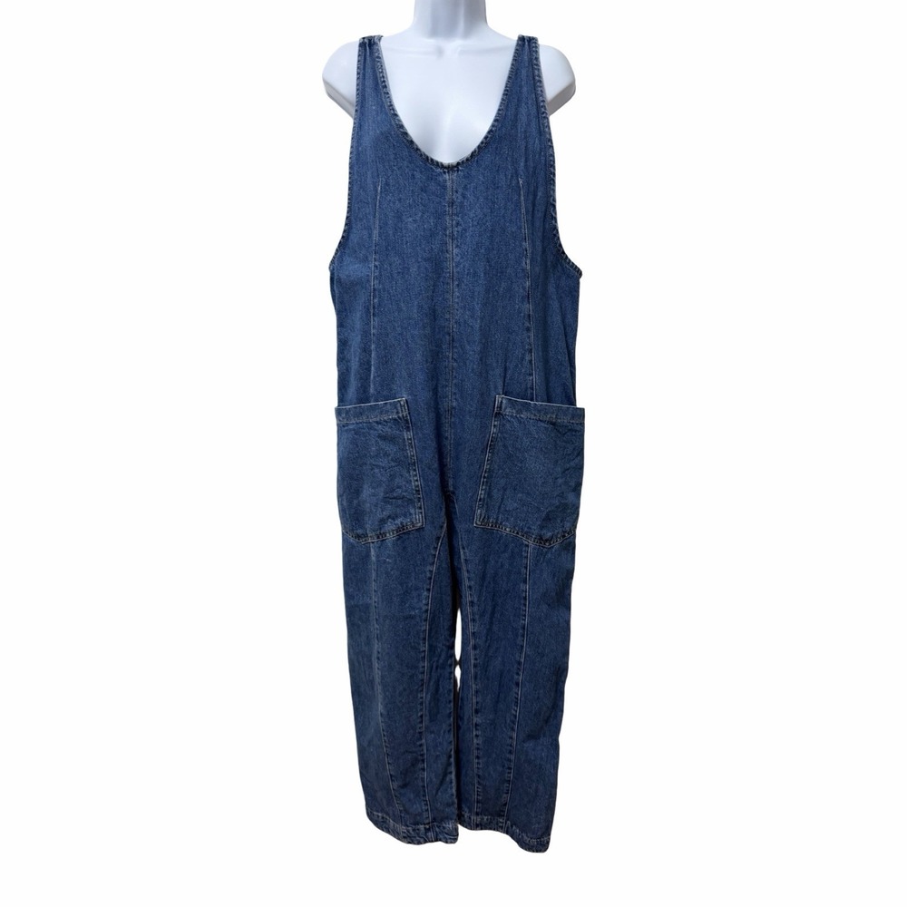Free People High Roller Denim Jumpsuit Size M Slouchy Baggy Harem Overalls Boho